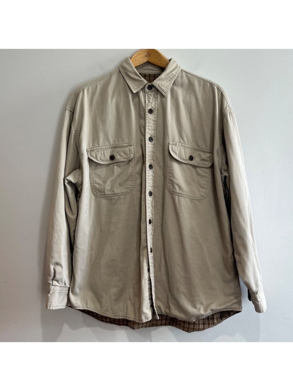 St Johns Bay Flannel Lined Shacket Mens XL Tan Button Up 90s Grunge 100% Cotton